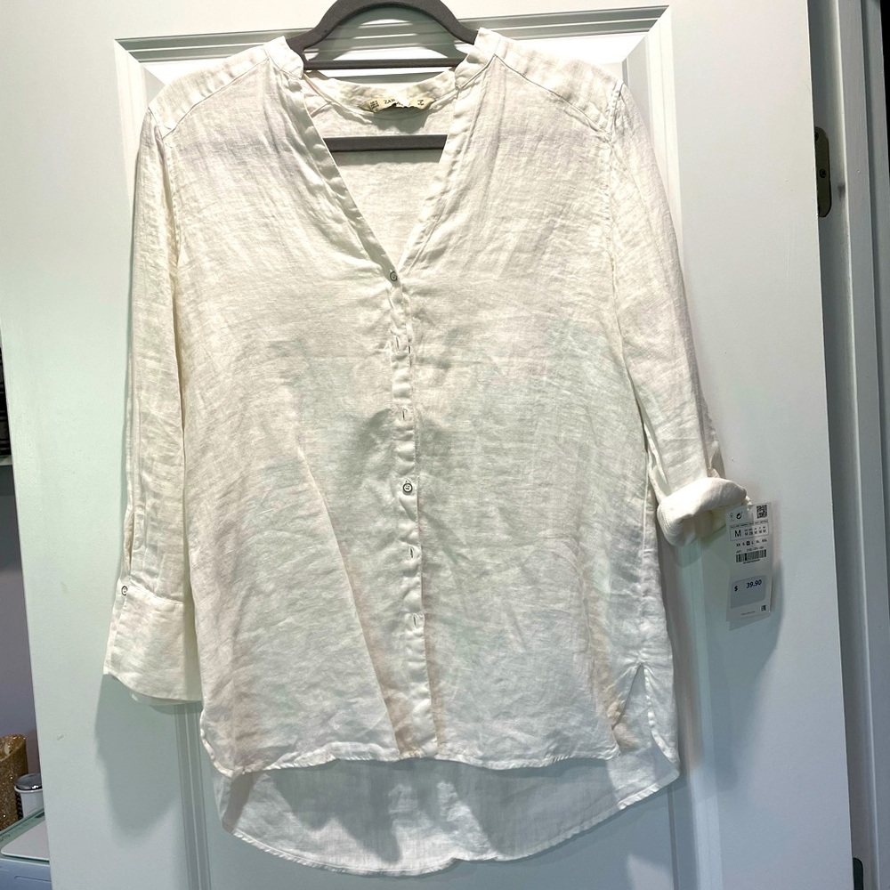 Zara NWT white linen button down shirt